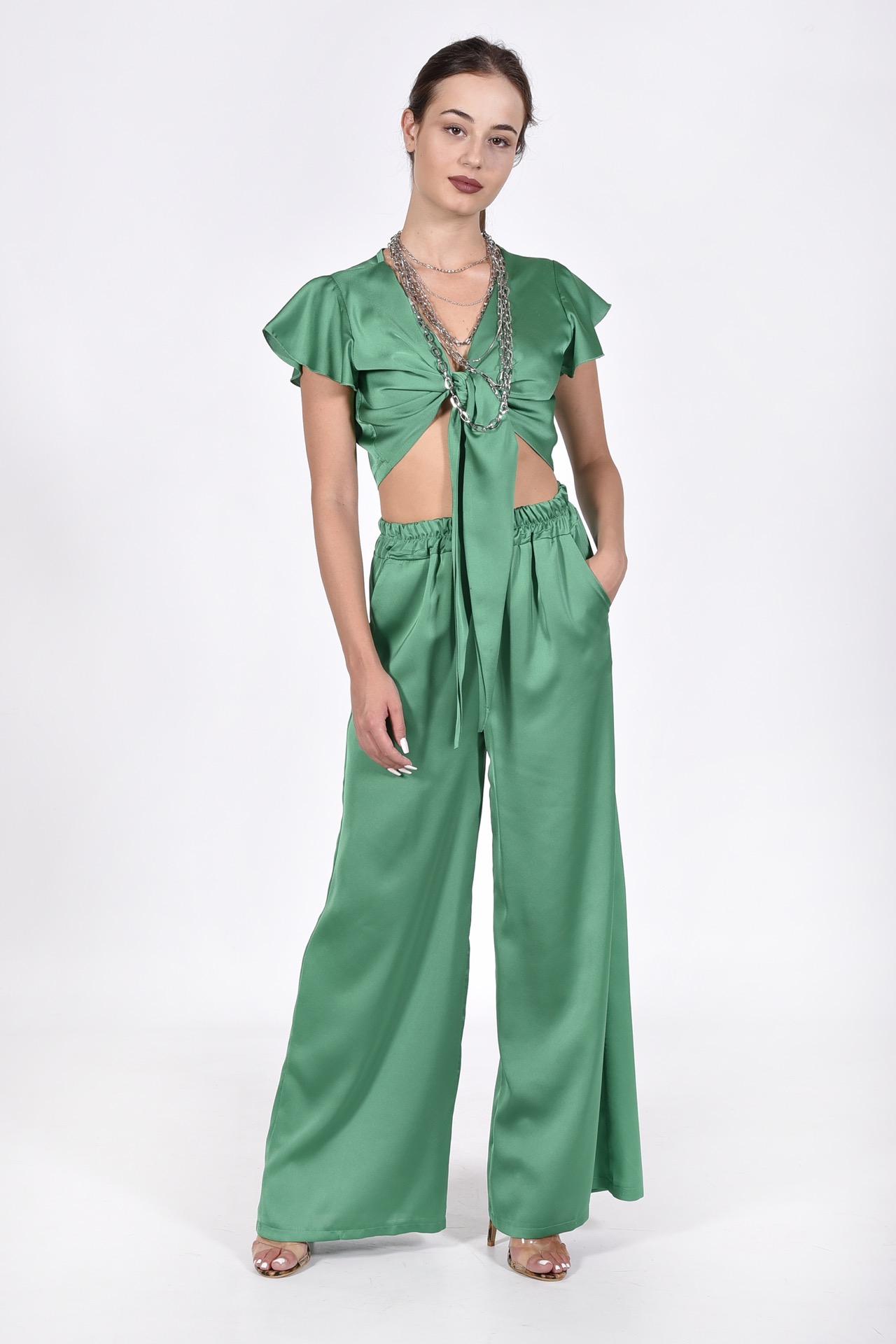 Σετ σατινέ crop top και παντελόνα