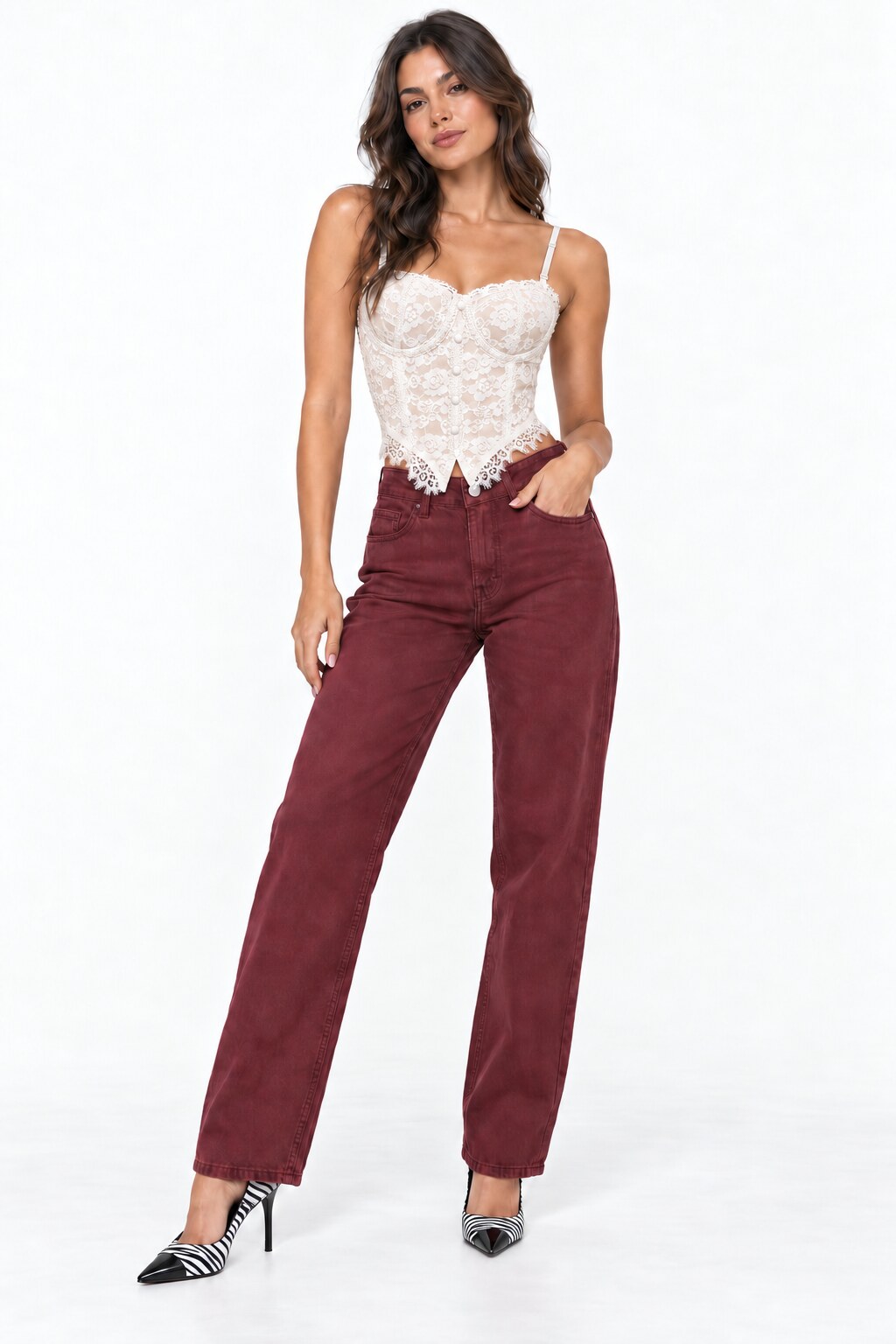 STRAIGHT-LEG BURGUNDY DENIM