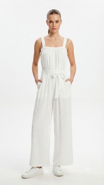 Crinkle-Textured Wide-Leg Jumpsuit with Tie-Waist