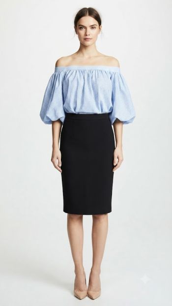 Blue Gingham Puff-Sleeve Off-the-Shoulder Top