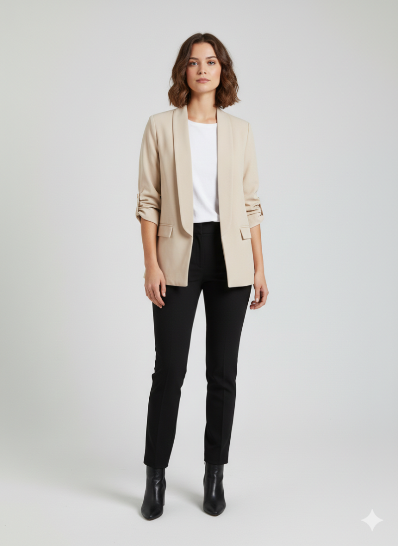 " Beige Ruched-Sleeve Open" σακάκι Φωτογραφία από " Beige Ruched-Sleeve Open" σακάκι