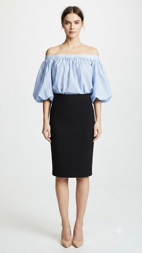 Φωτογραφία από Blue Gingham Puff-Sleeve Off-the-Shoulder Top